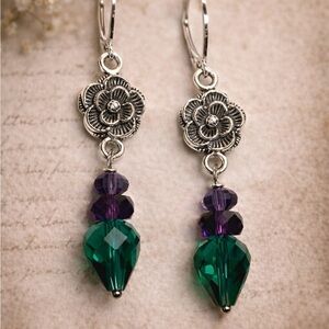 Silver Floral Drop Earrings with Green and Purple Beads
